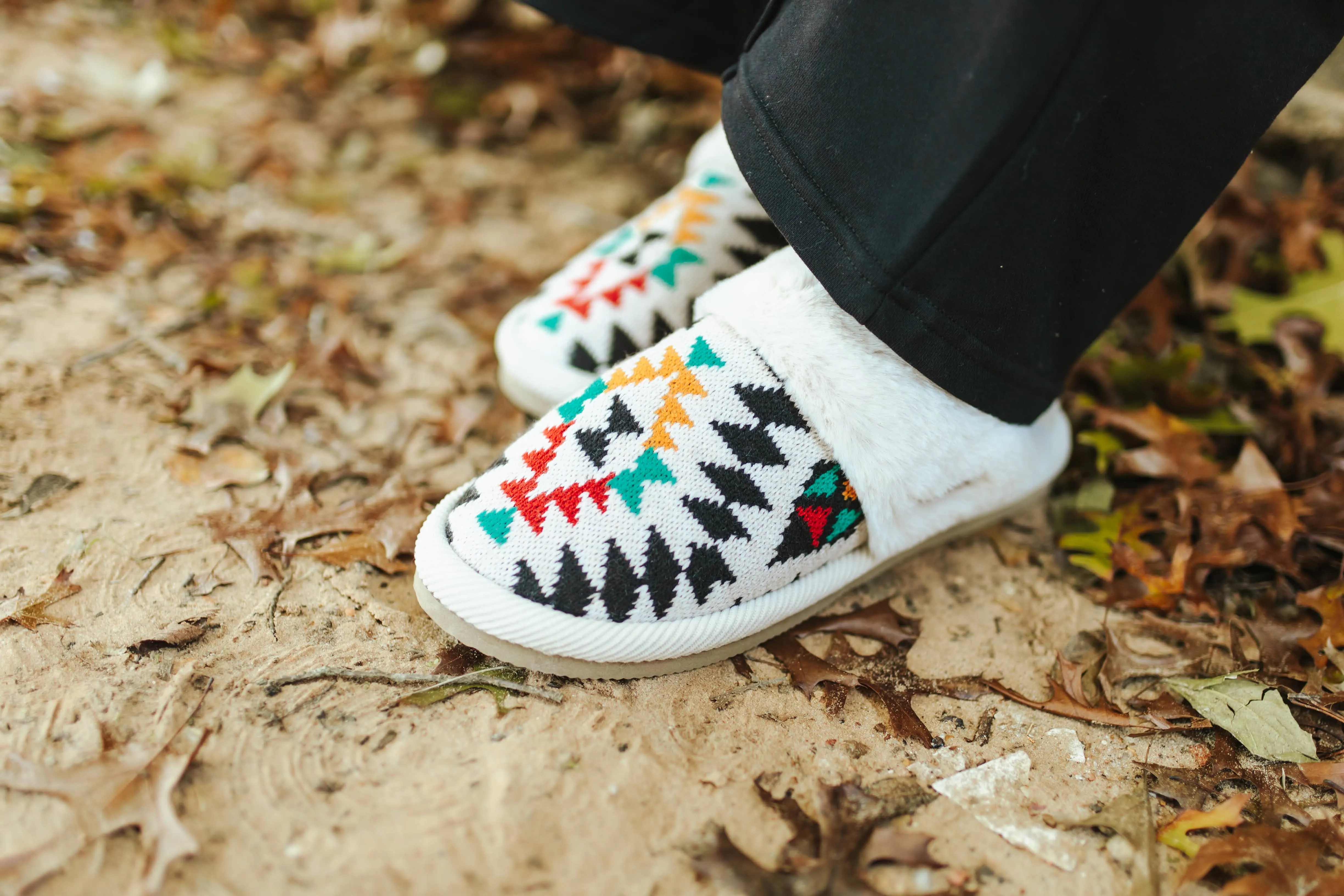 Aztec Knit Furry Slippers - Cream