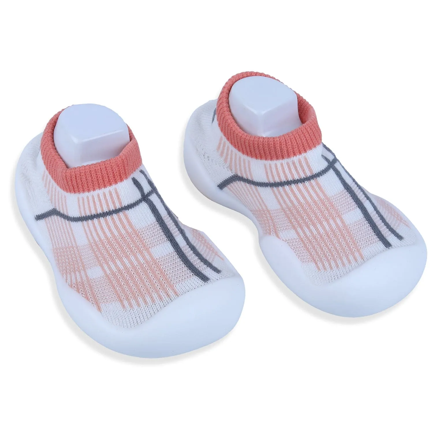 Baby Moo Checked Rubber Comfortable Sole Slip-On Sock Shoes - Peach