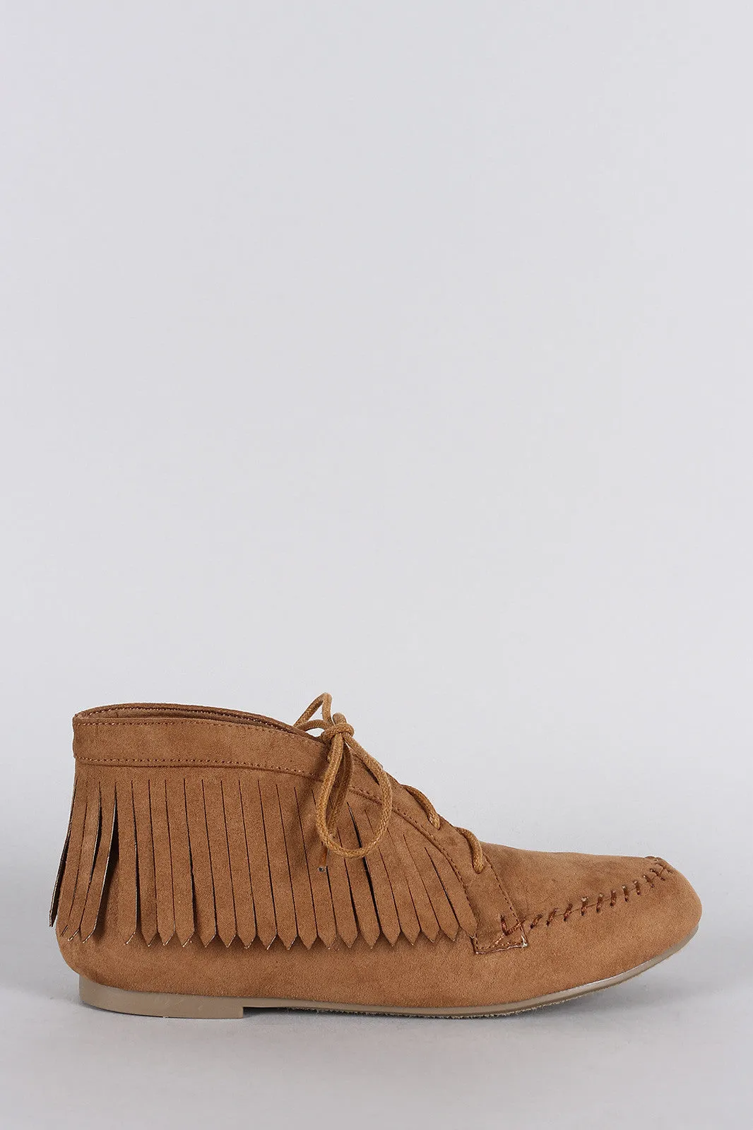 Bamboo Suede Round Toe Fringe Lace Up Moccasin Flat Booties