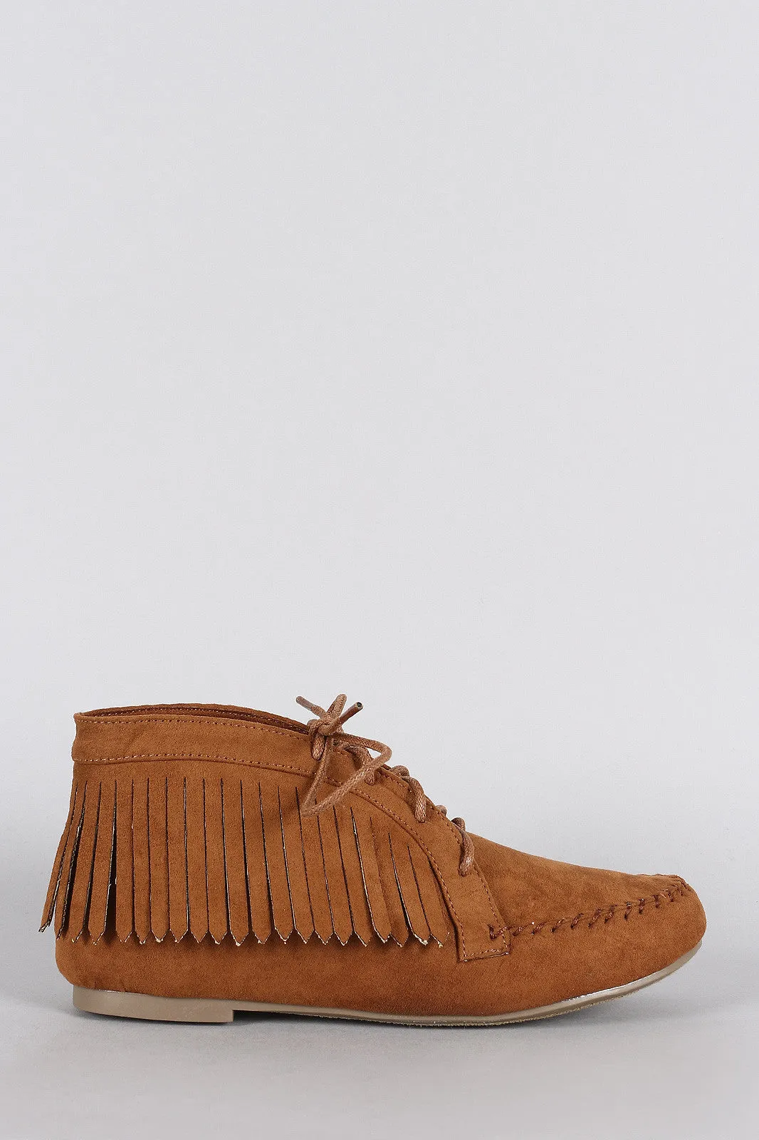 Bamboo Suede Round Toe Fringe Lace Up Moccasin Flat Booties