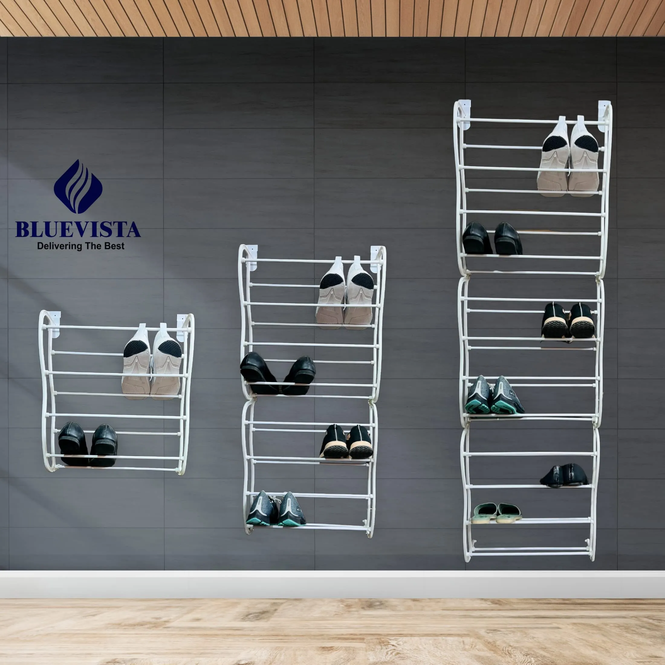 Bluevista Over The Door Shoe Rack Adjust 36 Pair Shoes, Tiered Shelf Can Be Hung&Wall-Mounted, Strong&Durable White Resin Frame With Metal Tubes To Store Shoes, Sandals&High Heels (White)