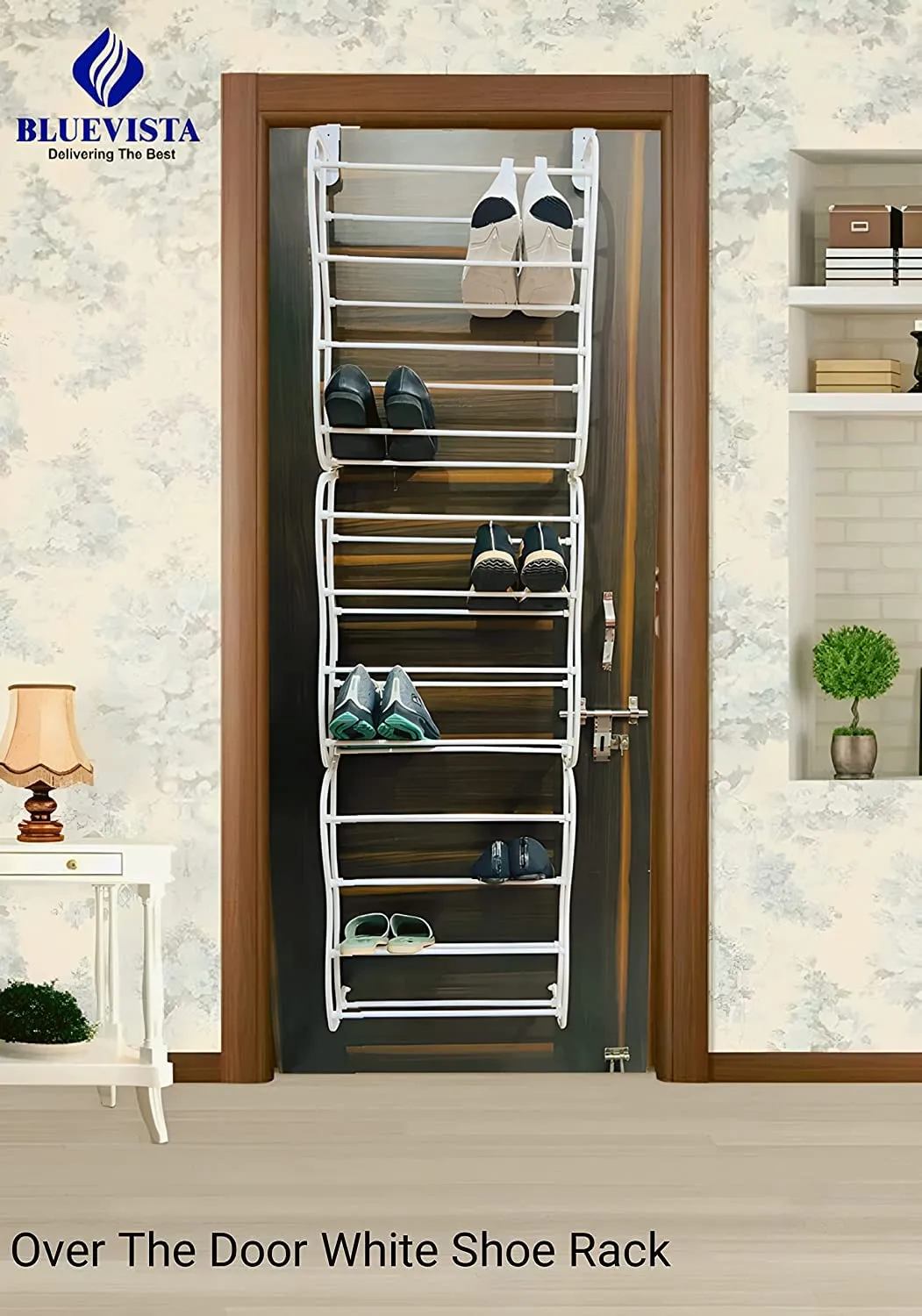 Bluevista Over The Door Shoe Rack Adjust 36 Pair Shoes, Tiered Shelf Can Be Hung&Wall-Mounted, Strong&Durable White Resin Frame With Metal Tubes To Store Shoes, Sandals&High Heels (White)