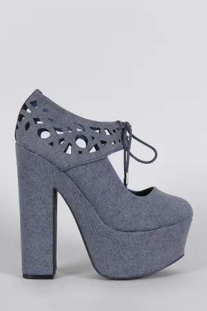 Dollhouse Denim Mary Jane Cutouts Platform Chunky Pump