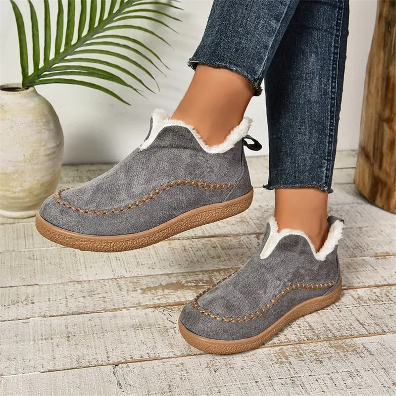 Fashion V-cut Plush Ankle Boots Winter Plus Velvet Flat Snow Boot Casual Warm Solid Suede Cotton Shoes For Women