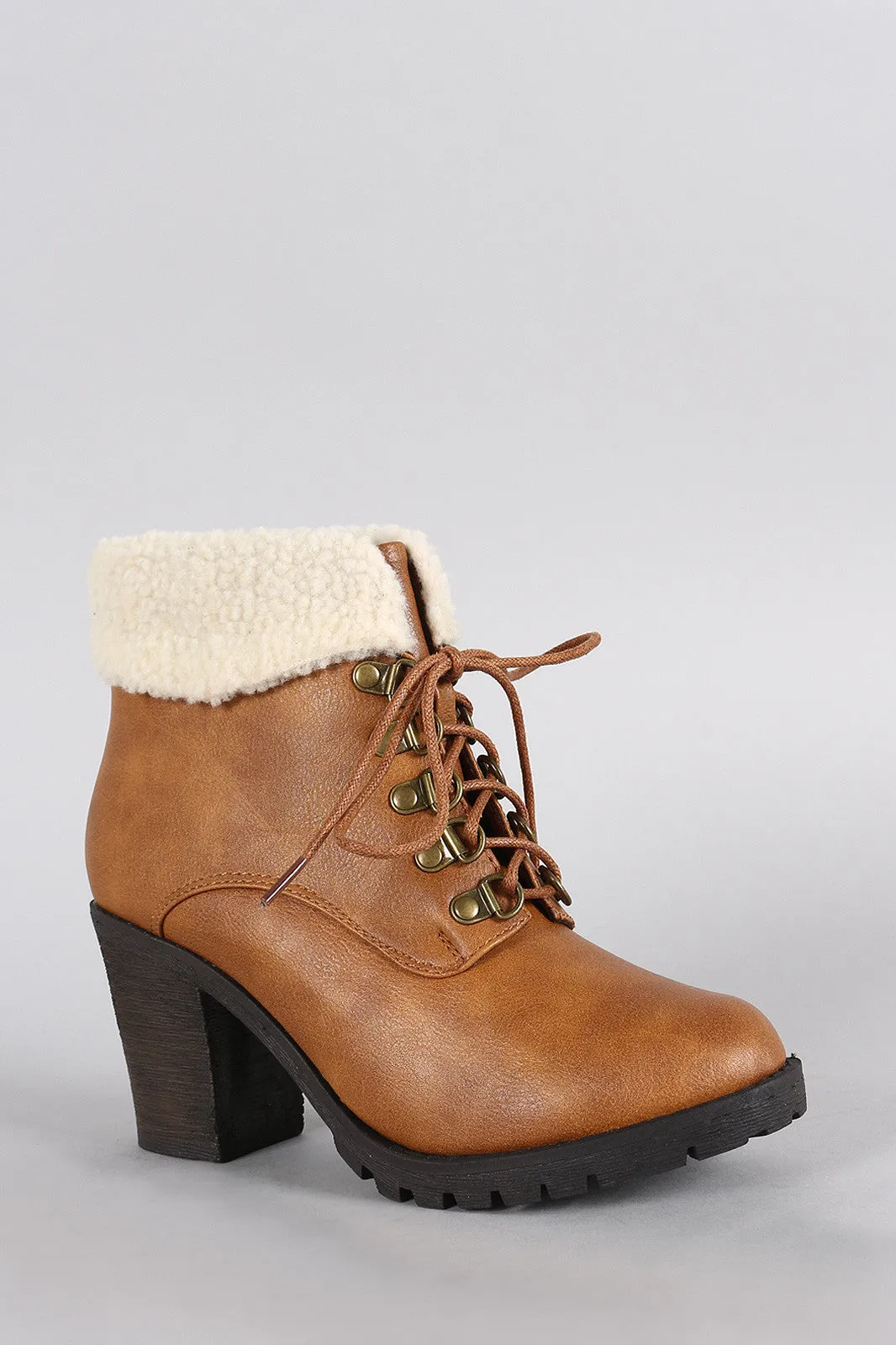 Faux Shearling Cuff Lace Up Heeled Ankle Boots