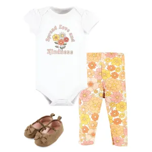 Hudson Baby Cotton Short Sleeve Bodysuit, Pant and Shoe Set, Peace Love Flowers