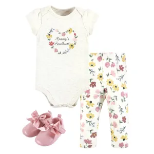 Hudson Baby Cotton Short Sleeve Bodysuit, Pant and Shoe Set, Soft Painted Floral