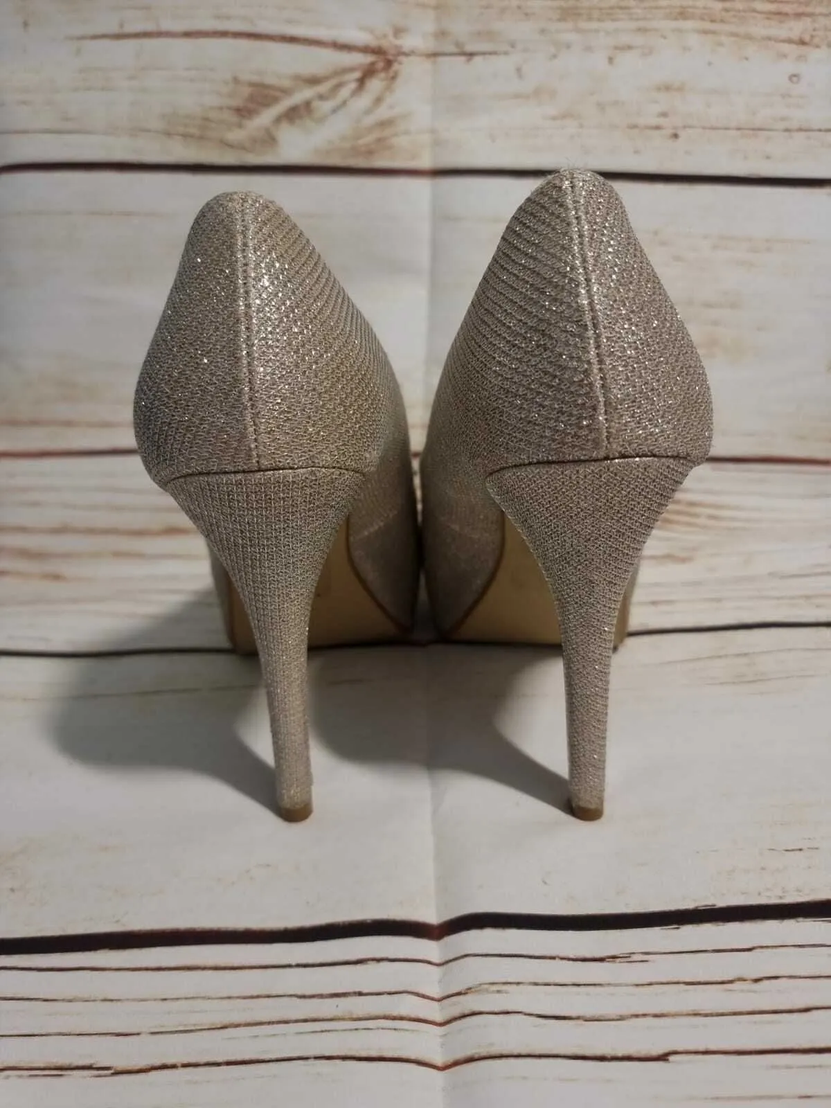 Next Pale Gold Glitter Wide Fit, Peep Toe, Platform Court Shoes Heels UK 7 EU 41