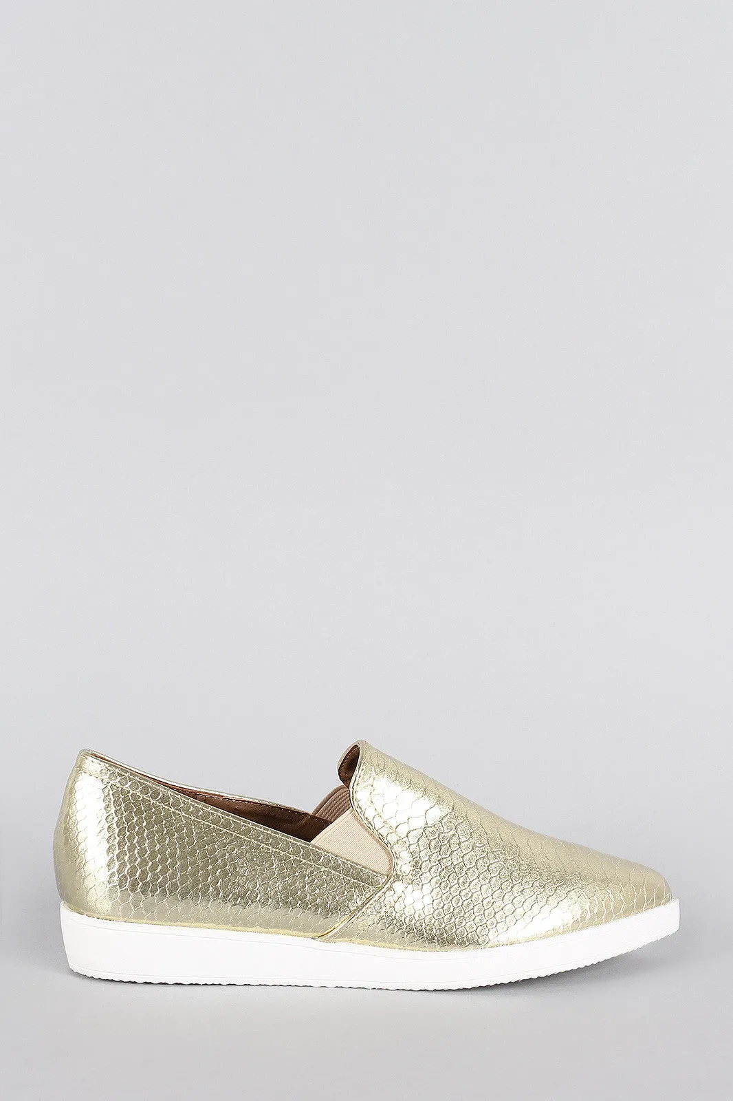 Snake Embossed Metallic Pointy Toe Slip On Loafer Flat