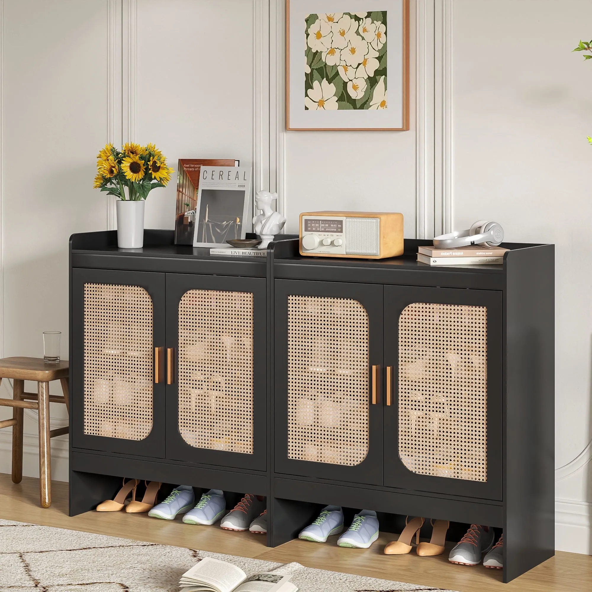 versatile Shoe Storage Cabinet for Entryway, Rattan Shoe Rack Storage Organizer, Shoe Closet with Doors