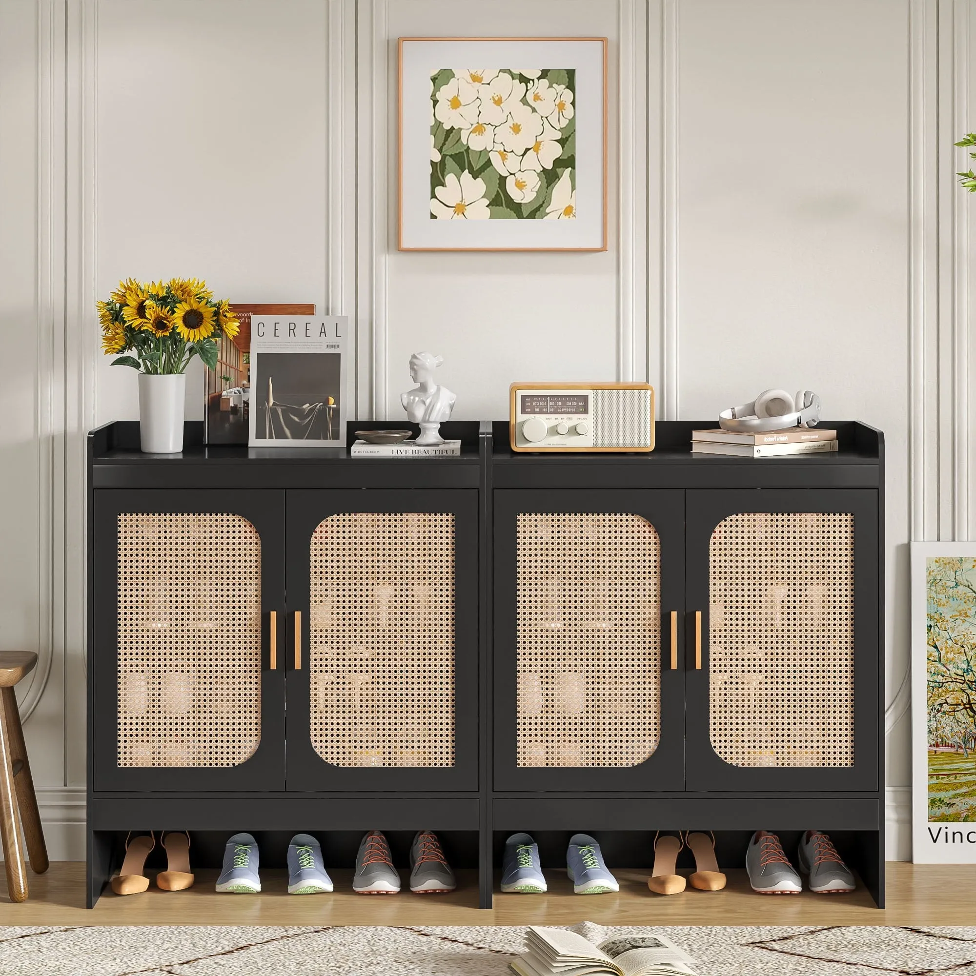 versatile Shoe Storage Cabinet for Entryway, Rattan Shoe Rack Storage Organizer, Shoe Closet with Doors