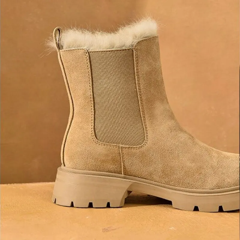 Warm and Versatile Round Toe Suede Platform Winter Boots